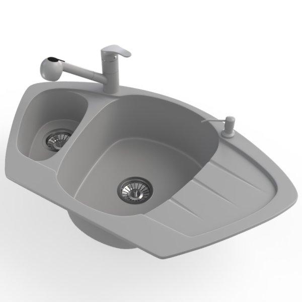 Gránit mosogató NERO Compact + kihúzható zuhanyfejes Shower csaptelep +
adagoló (szürke)