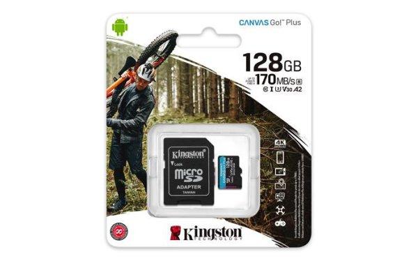 Memóriakártya, microSDXC, 128GB, C10/UHS-I/U3/V30/A2, adapter, KINGSTON
"Canvas Go! Plus"