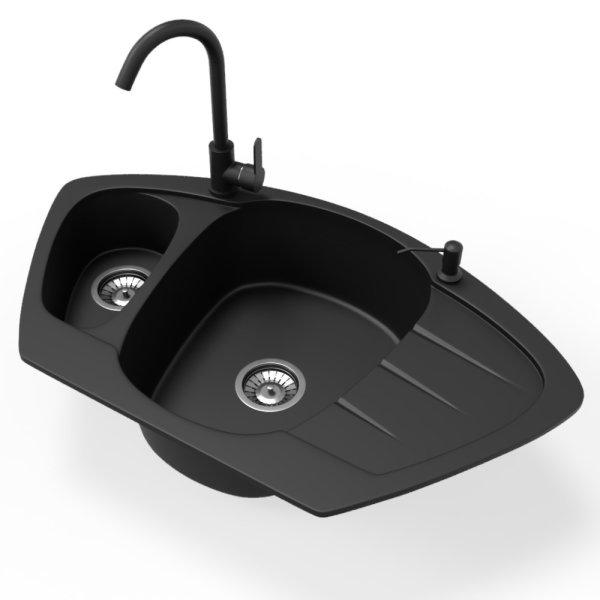 Gránit mosogató NERO Compact + magasított csaptelep + adagoló (matt fekete)