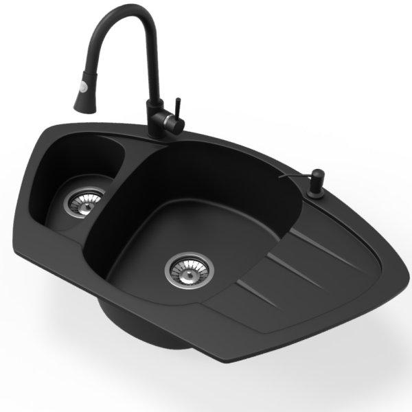 Gránit mosogató NERO Compact + kihúzható zuhanyfejes Snake csaptelep +
adagoló (fekete matt)