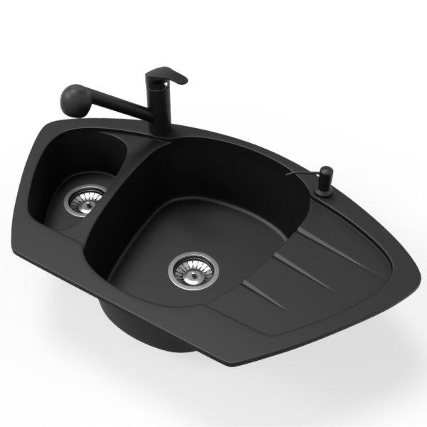 Gránit mosogató NERO Compact + kihúzható zuhanyfejes Shower csaptelep +
adagoló (fekete matt)