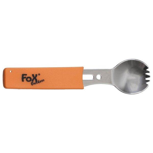 FoxOutdoor többfunkicós kanál, rozsdamentes acél, narancssárga fogantyú
