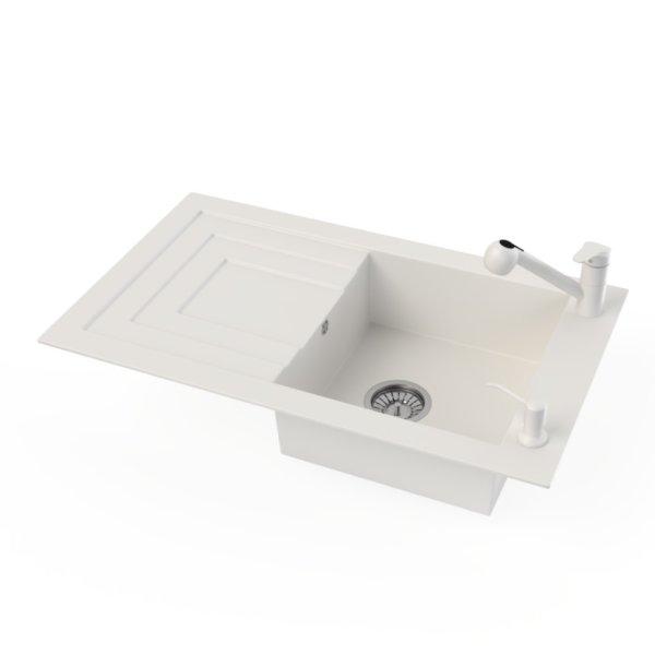 Gránit mosogató NERO Cortina + kihúzható zuhanyfejes Shower csaptelep +
adagoló (fehér)