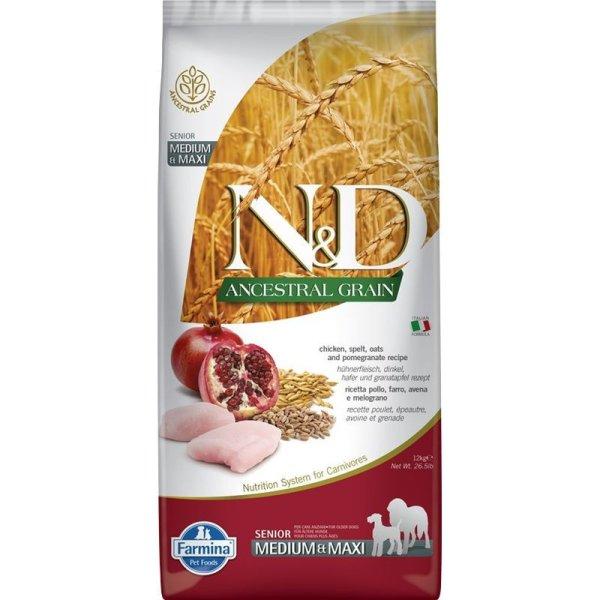 N & D Dog Ancestral Grain csirke, tönköly, zab & gránátalma senior medium &
maxi 12kg