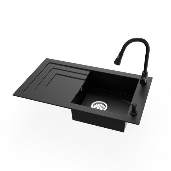 Gránit mosogató NERO Cortina + kihúzható zuhanyfejes Snake csaptelep +
adagoló (fekete matt)