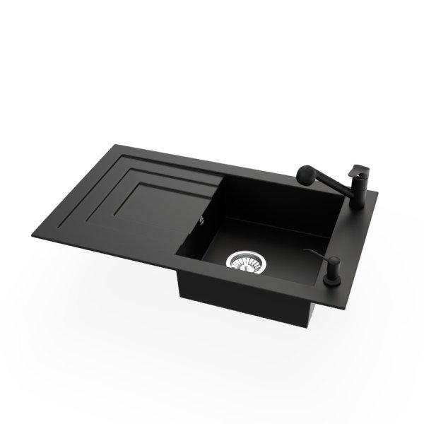 Gránit mosogató NERO Cortina + kihúzható zuhanyfejes Shower csaptelep +
adagoló (fekete matt)