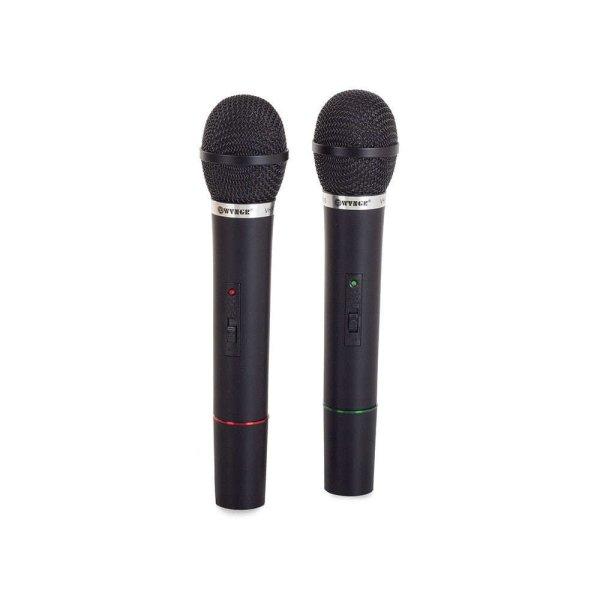 Karaoke készlet 2 mikrofonnal és állomással, Welora®, Tápfeszültség 230
V, Vezeték nélküli működés, FM frekvencia 109-120 Mhz, Sáv 100-10000 Hz,
Mikrofonok 30 m-es működési hatótávolságig, Mű