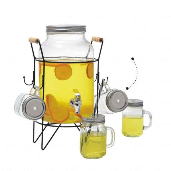 Limonádés üveg, italadagoló csappal fém tartó állvánnyal, 4 darab
pohárral 6 l-es