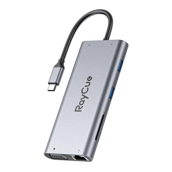 Hub 11in1 RayCue USB-C 2x USB-A 2.0 480Mbps + 3x USB-A 3.2 5Gbps + SD/TF 3.0 +
HDMI 4K30Hz + VGA 1080p + RJ45 + PD 3.0 100W (szürke).