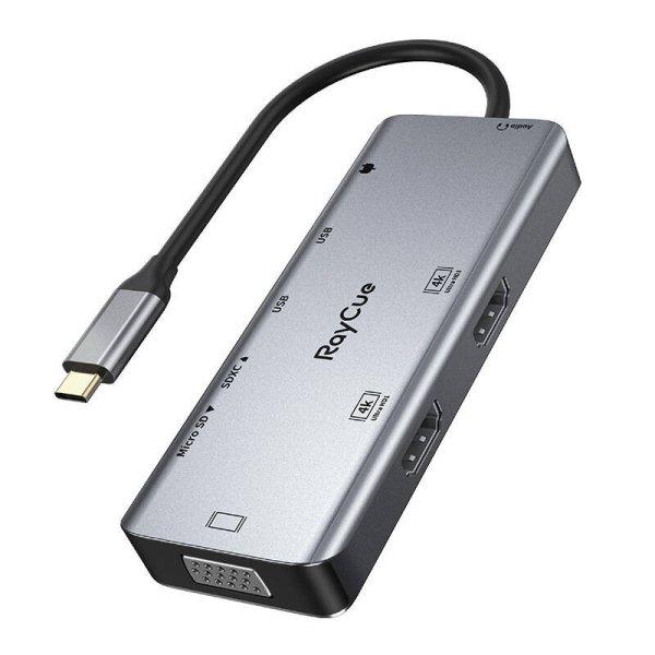Hub 9 az 1-ben RayCue USB-C - 2x USB-A 3.0 5 Gbps + 2x SD/TF 3.0 + 2x HDMI
4K30Hz + VGA 1080p + jack 3,5 mm + PD 3.0 100 W (szürke)
