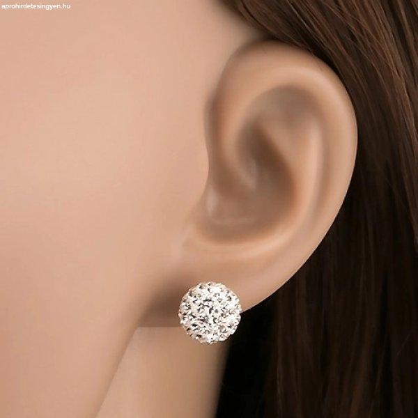 925 ezüst fülbevaló, fehér golyók, átlátszó preciosa kristályok, 10 mm