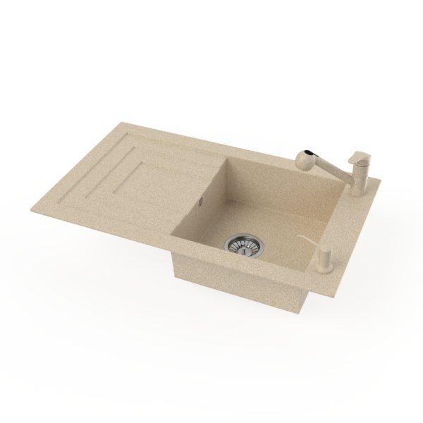 Gránit mosogató NERO Cortina + kihúzható zuhanyfejes Shower csaptelep +
adagoló (bézs)