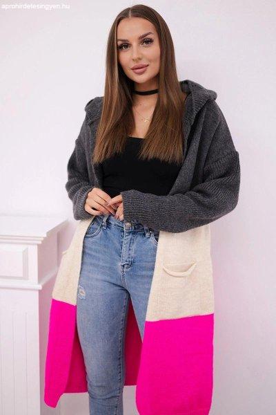 Hosszú háromszínű kardigán pulóver kapucnival modell 24-35
grafit+bézs+neon rózsaszín