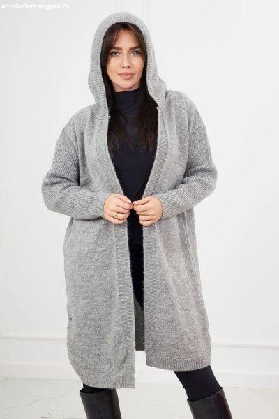 Hosszú kardigán pulóver kapucnival modell 24-34 szürke