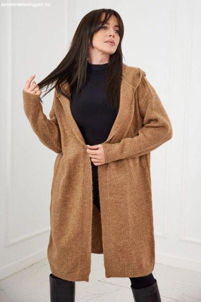 Hosszú kapucnis kardigán pulóver, 24-34 modell, teve színű