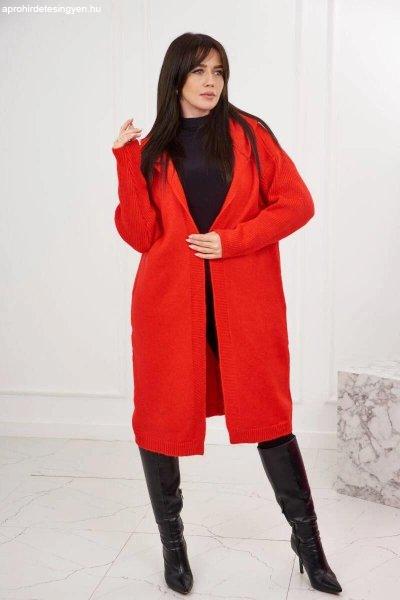 Hosszú kardigán pulóver kapucnival modell 24-34 piros