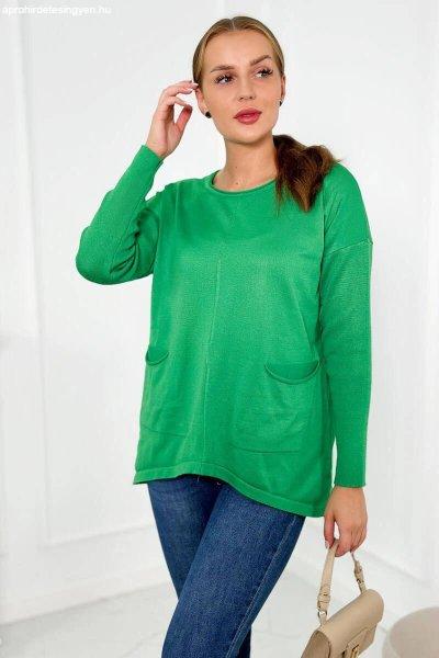 Vékony pulóver elülső zsebekkel, modell 2432 zöld