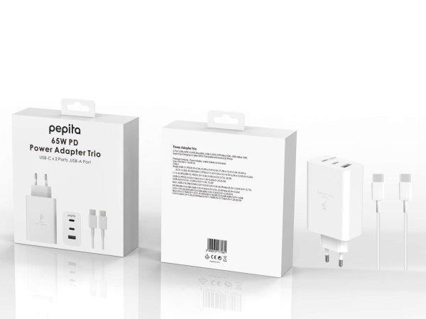 Pepita Trio Hálózati adapter töltőkábellel PD 65W USB-C/USB-A 