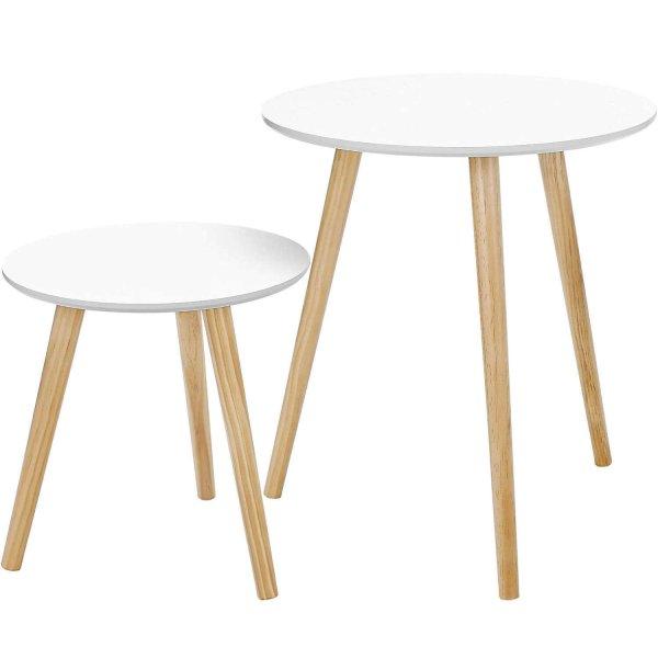 VASAGLE Dohányzóasztal, 2 db-os készlet, fa lábak és MDF munkalap,
skandináv minimalista design, 45x50cm és 35x35cm, fehér