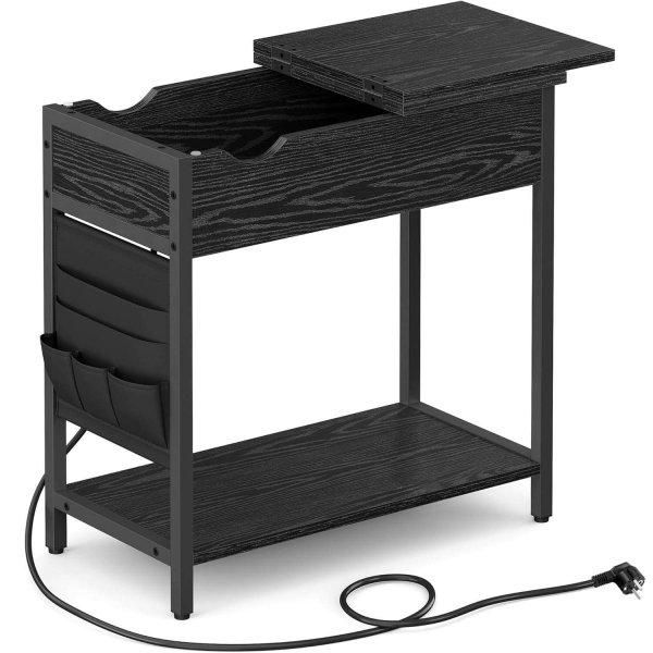 VASAGLE Összecsukható kisasztal, éjjeliszekrény, aljzatokkal és USB
portokkal, polc és textil táska, 60x32x60 cm, fekete