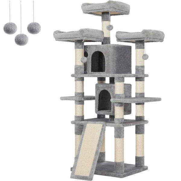 FEANDREA macskajátékkészlet, fa típusú, 3 ággyal és 2 búvóhellyel,
61x49x170 cm, világosszürke