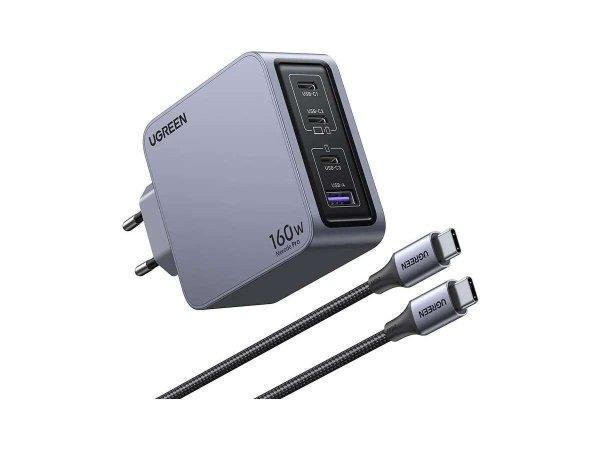 Ugreen 25877 Nexode Pro 3x USB Type-C / 1x USB Type-A GaN Hálózati töltő +
USB Type-C kábel - Szürke/Fekete (160W)