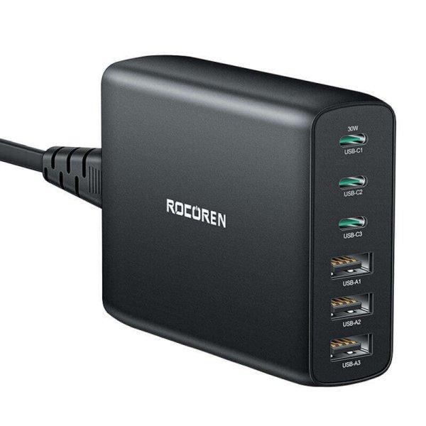 Rocoren GaN 3x USB-A / 3x USB-C Hálózati töltő - Fekete (100W)
