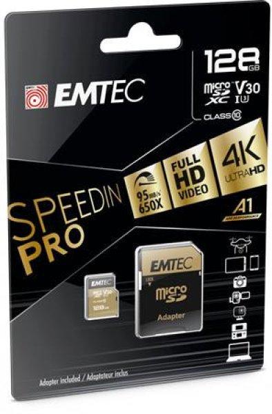 Memóriakártya, microSDXC, 128GB, UHS-I/U3/V30/A2, 100/95 MB/s, adapter, EMTEC
"SpeedIN"