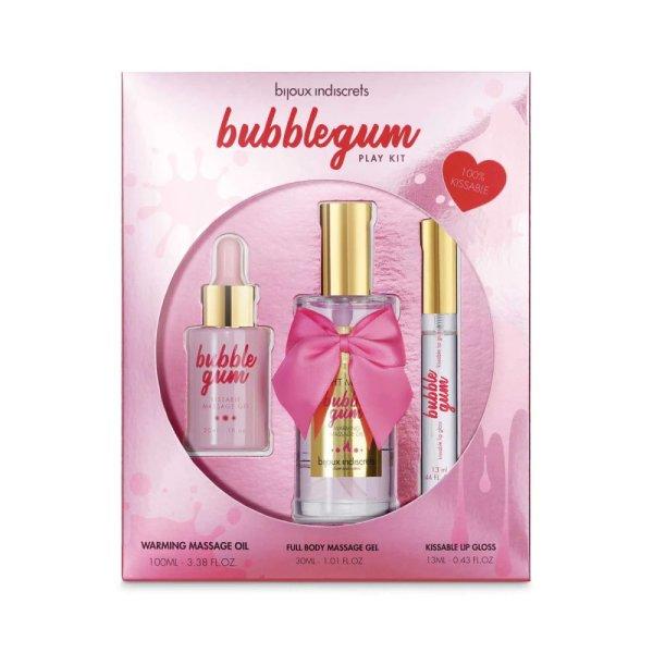  BUBBLEGUM Play Kit:- Warming massage oil 100 ml- Full body kissable massage gel
30ml- Oral Pleasure lip Gloss 13ml 