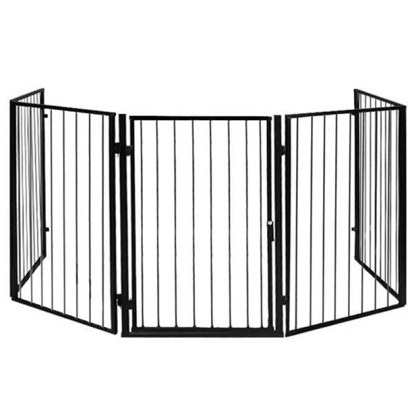 Kandalló rács, 5 paneles kandalló kerítés, biztonsági kapuval, 304×74,5
cm, fekete