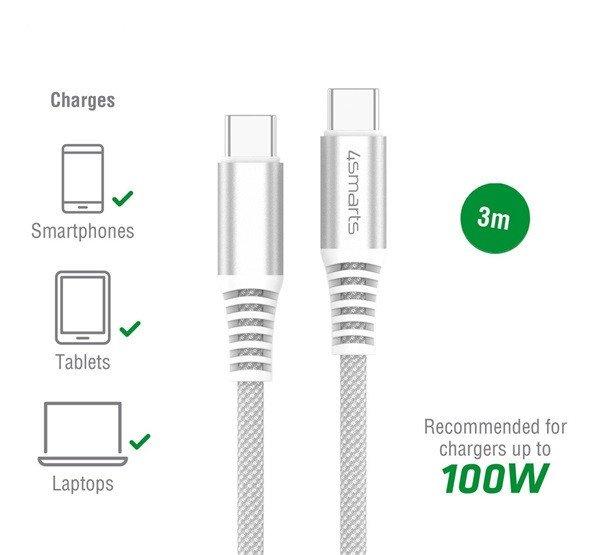 4smarts PremiumCord USB Type-C - USB Type-C kábel, 100W, 3m, fehér