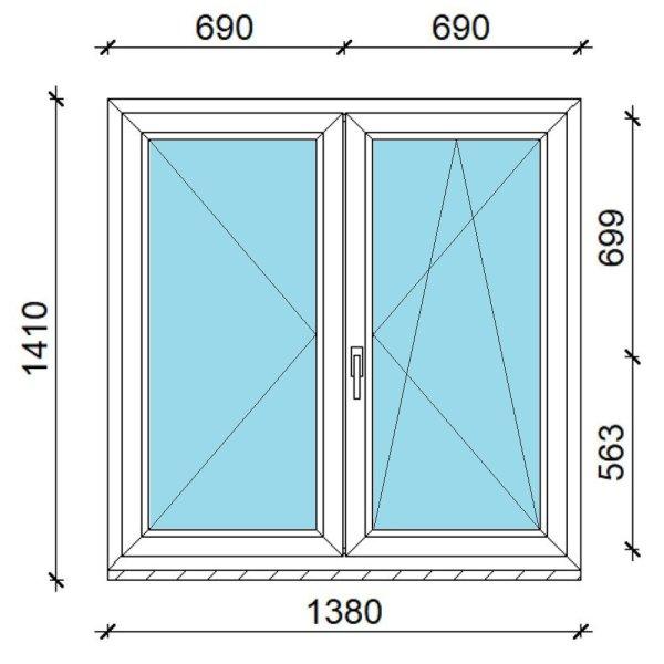 140x140 műanyag ablak, kétszárnyú, váltószárnyas, nyíló-bukó/nyíló
Gealan