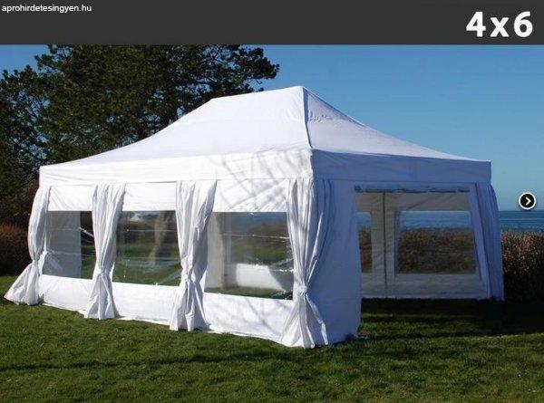 Profi Alumínium összecsukható esküvői pavilon, harmónika sátor
rendezvénysátor 4x6 m ponyva PVC 8db oldalfallal és díszfüggönnyel
