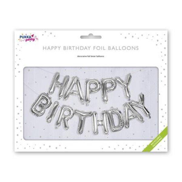 Léggömb, 40 cm, PUKKA PAD "Happy Birthday", ezüst