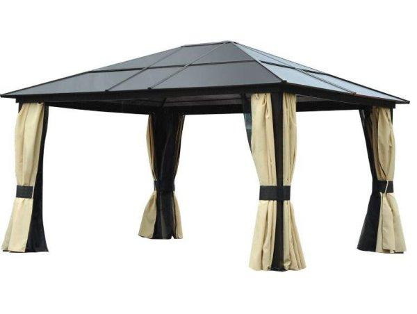 Zenith Oasis Luxus alumínium pavilon kerti sátor 420X360 cm polikarbonát
tetővel oldalfallal barna-fekete-bézs színben