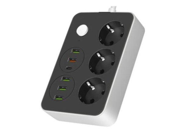 MasterLED Remo fekete/fehér színű 3-as hosszabító  2m-es kábellel 5 x USB 
1 x USB-C