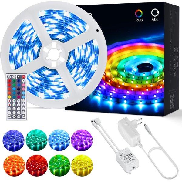 OUSFOT RGB LED szalag 5 méter, szabályozható 20 szín és 6 üzemmód
távirányítóval 44 gombos LED szalag 12 V