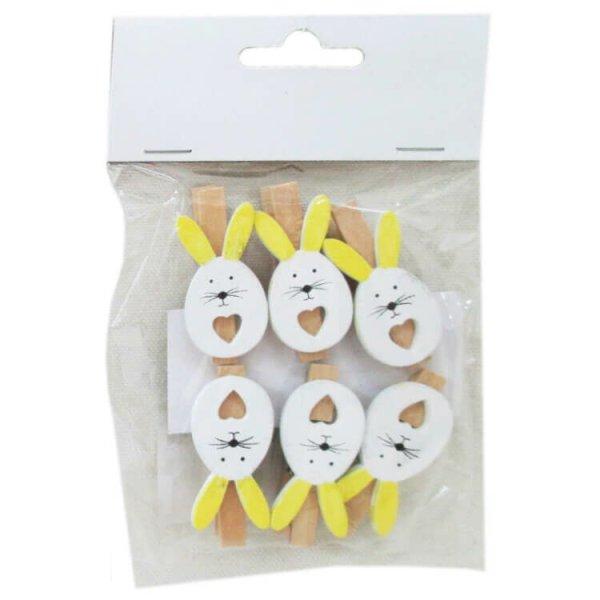 Húsvéti dekorációs csipesz (6db-os, sárga fülű fehér nyuszi
szivecskével)