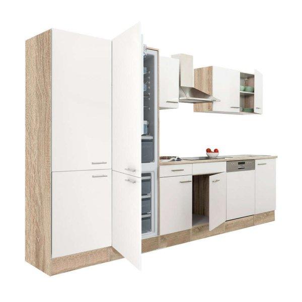 Yorki 340 konyhablokk sonoma tölgy korpusz,selyemfényű fehér fronttal polcos
szekrénnyel és alulfagyasztós hűtős szekrénnyel