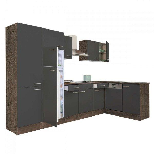 Yorki 340 sarok konyhablokk yorki tölgy korpusz,selyemfényű antracit fronttal
polcos szekrénnyel és felülfagyasztós hűtős szekrénnyel