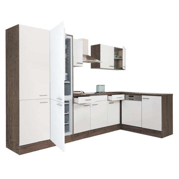 Yorki 340 sarok konyhablokk yorki tölgy korpusz,selyemfényű fehér fronttal
polcos szekrénnyel és alulfagyasztós hűtős szekrénnyel