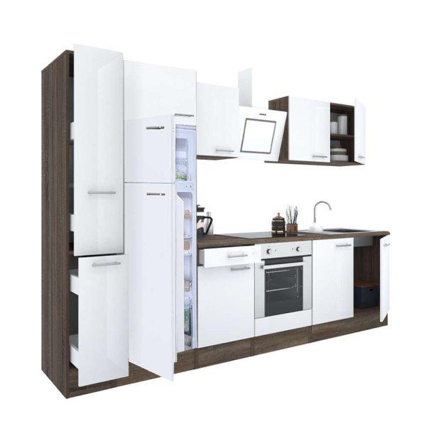 Yorki 280 konyhablokk yorki tölgy korpusz,selyemfényű fehér front alsó
sütős elemmel felülfagyasztós hűtős szekrénnyel