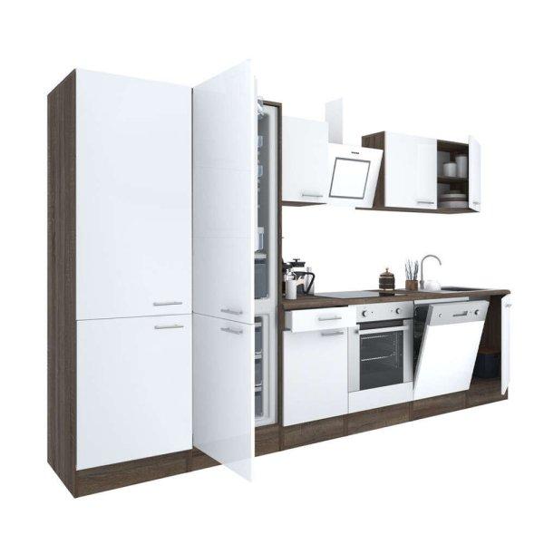 Yorki 340 konyhablokk yorki tölgy korpusz,selyemfényű fehér front alsó
sütős elemmel polcos szekrénnyel és alulfagyasztós hűtős szekrénnyel