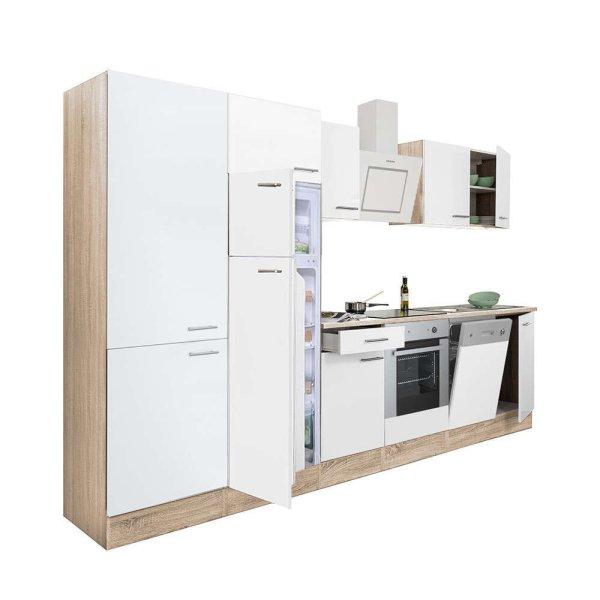 Yorki 340 konyhablokk sonoma tölgy korpusz,selyemfényű fehér front alsó
sütős elemmel polcos szekrénnyel és felülfagyasztós hűtős szekrénnyel