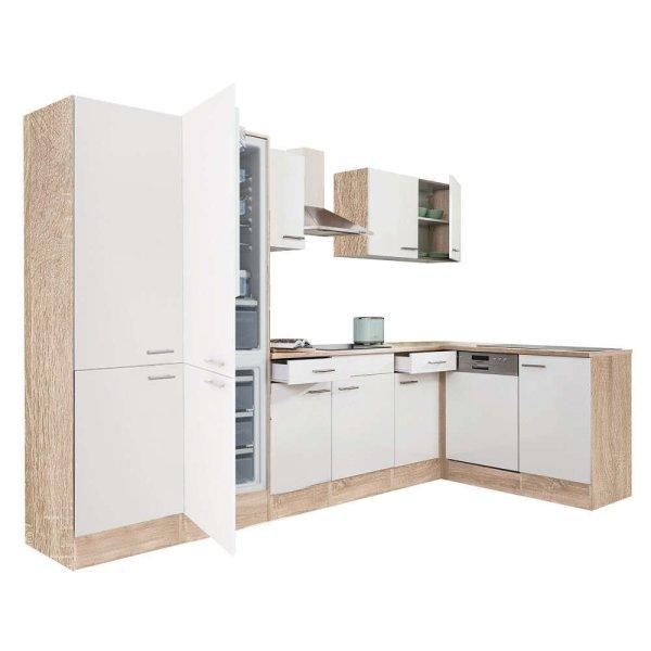 Yorki 340 sarok konyhablokk sonoma tölgy korpusz,selyemfényű fehér fronttal
polcos szekrénnyel és alulfagyasztós hűtős szekrénnyel