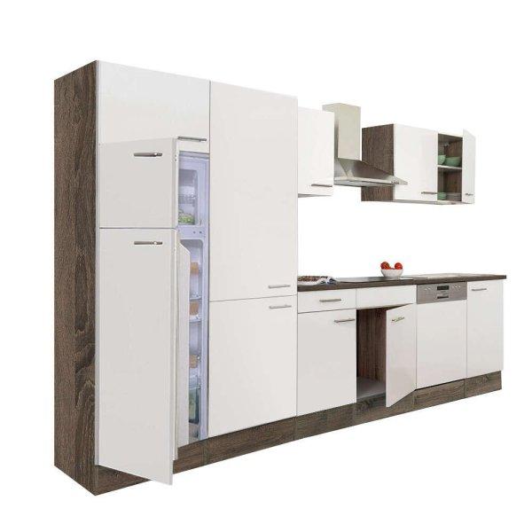 Yorki 340 konyhablokk yorki tölgy korpusz,selyemfényű fehér fronttal polcos
szekrénnyel és felülfagyasztós hűtős szekrénnyel