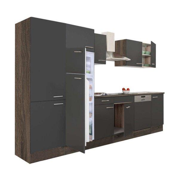 Yorki 340 konyhablokk yorki tölgy korpusz,selyemfényű antracit fronttal
polcos szekrénnyel és felülfagyasztós hűtős szekrénnyel
