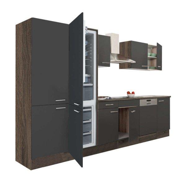 Yorki 340 konyhablokk yorki tölgy korpusz,selyemfényű antracit fronttal
polcos szekrénnyel és alulfagyasztós hűtős szekrénnyel