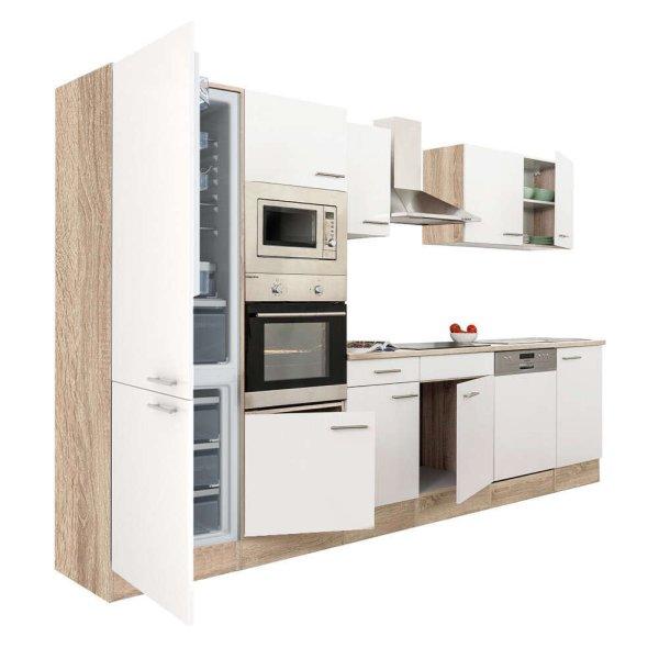 Yorki 340 konyhablokk sonoma tölgy korpusz,selyemfényű fehér fronttal
alulfagyasztós hűtős szekrénnyel
