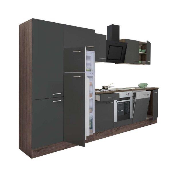 Yorki 340 konyhablokk yorki tölgy korpusz,selyemfényű antracit front alsó
sütős elemmel polcos szekrénnyel és felülfagyasztós hűtős szekrénnyel